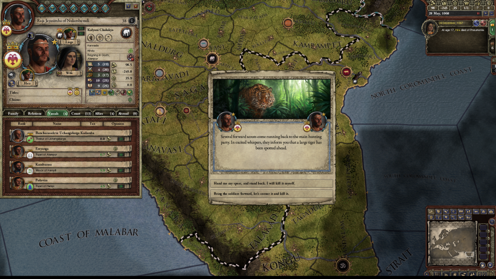 ckii tiger hunt event plus vassals tab showing several indian titles
