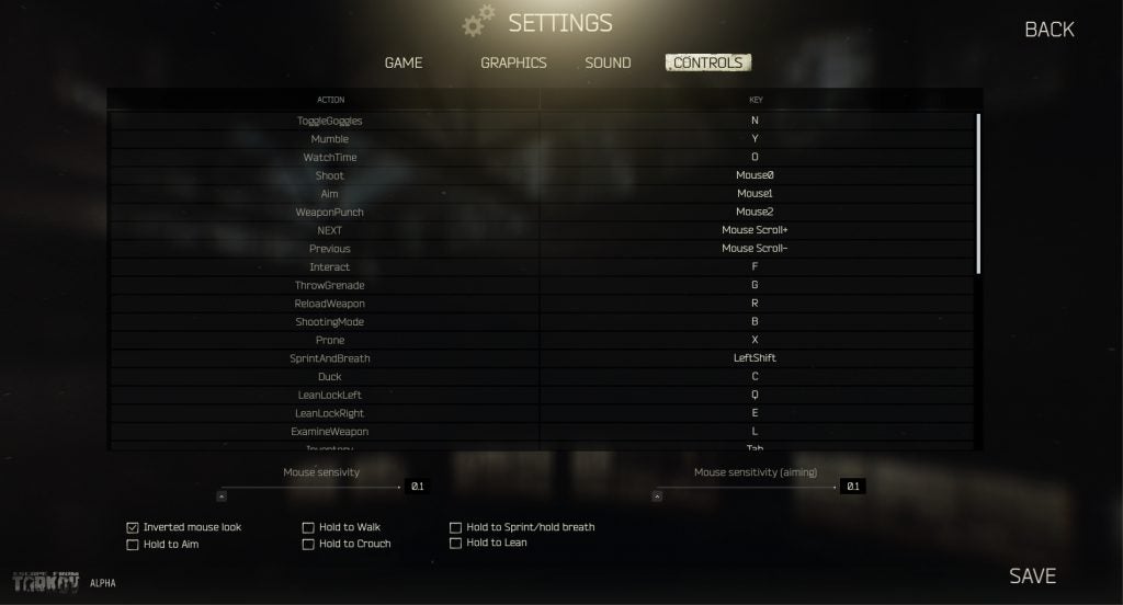 eft alpha interface settings controls