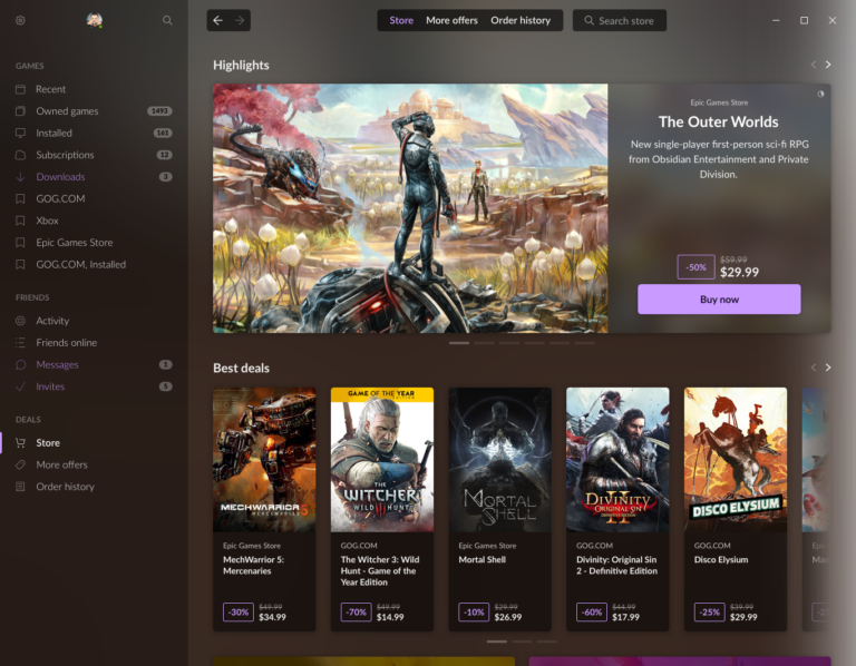 GOG GALAXY store front page